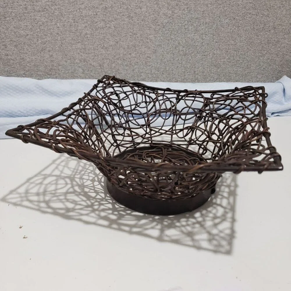 Brown Square Woven Bentwood Vine Branch Basket Over Metal Frame 11